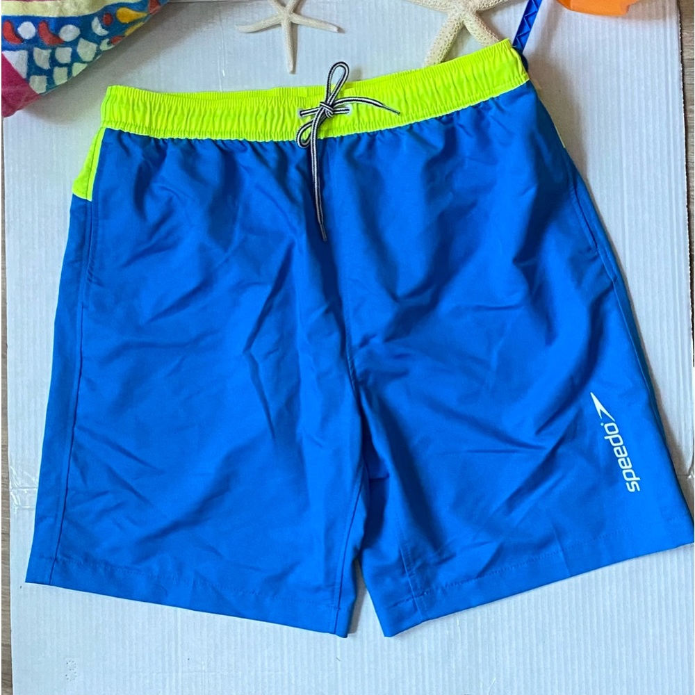 Speedo Men’s Size XL Marina Volley Boarded Shorts Blue & Neon Yellow Poc…